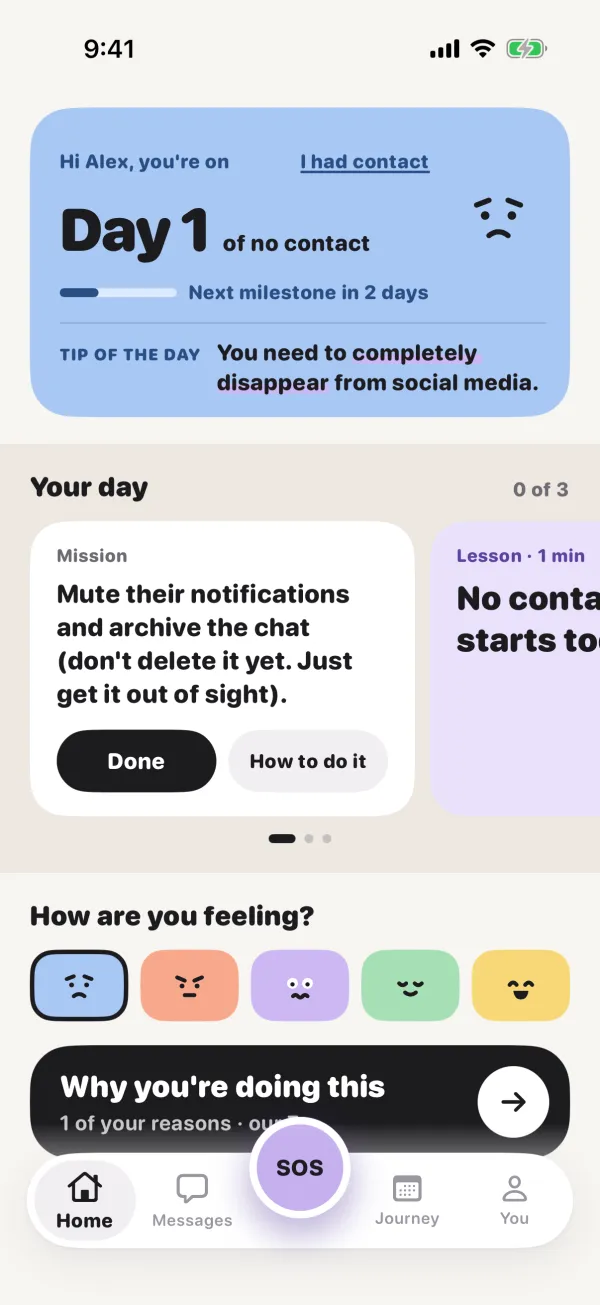 The No Contact home screen: the no contact counter, today's mission and the mood check in.