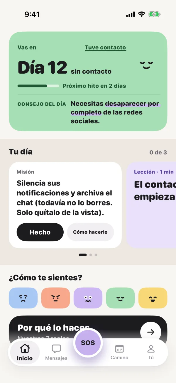 La pantalla de inicio de No Contact: el contador sin contacto, la misión de hoy y el registro de ánimo.